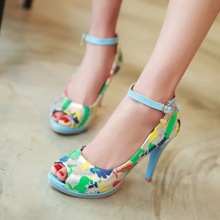 

Fashion print high-heeled sandals small open toe shoe 32 hasp 33 fresh summer plus size shoes 40 - 43 free shipping