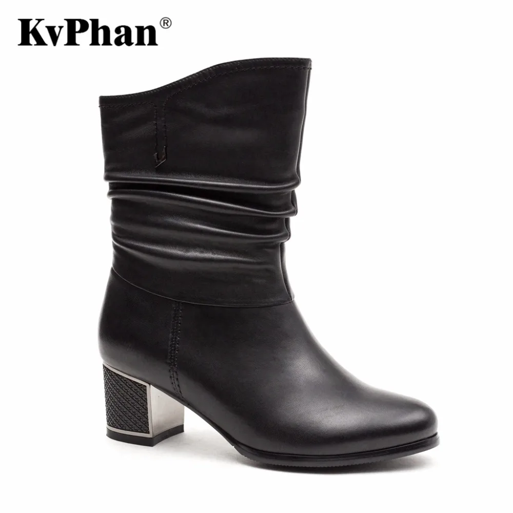 KvPhan Pleated Upper Genuine font b Women b font Boots 2017 Autumn Metal Decoration Outsole Boots