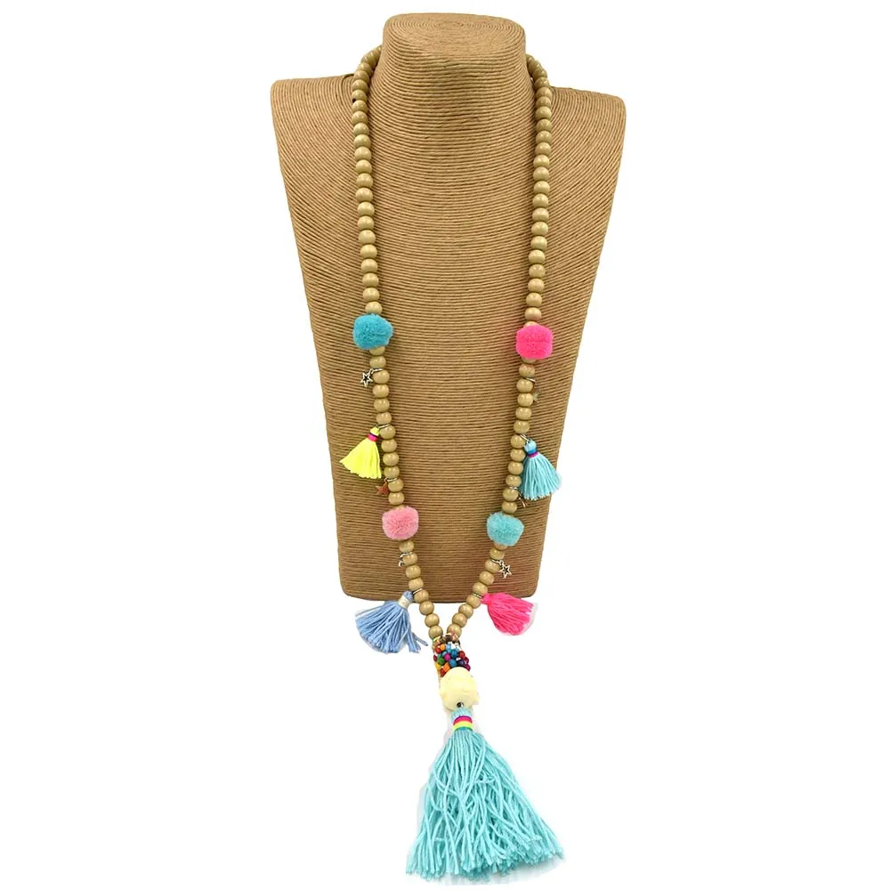 Handmade vintage rosary wooden beads chain long necklace tassel Buddha pompoms pendent necklace Tibetan Buddha Bohemia necklace