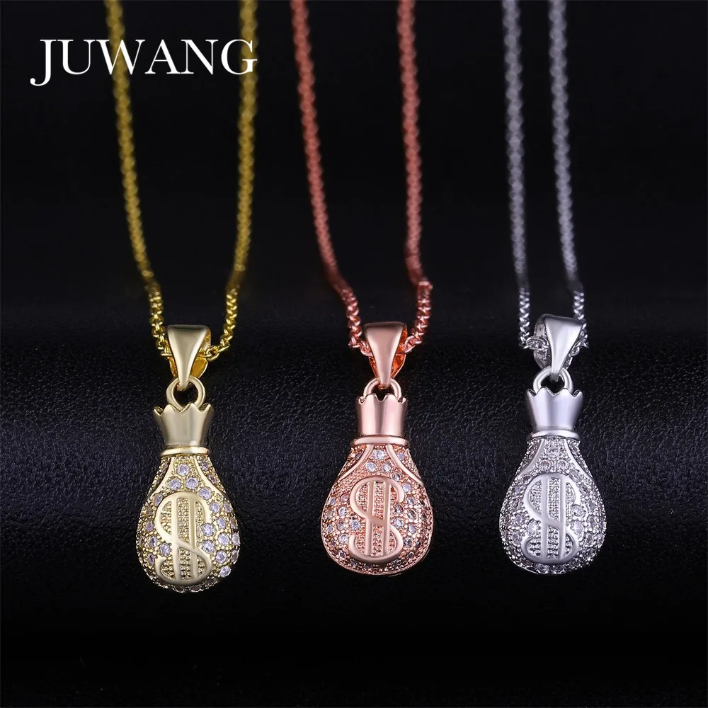 JUWANG знак доллара деньги сумка-амулет Кулоны ожерелье с цирконом AAA для женщин мужчин золотого цвета ожерелье ювелирные изделия