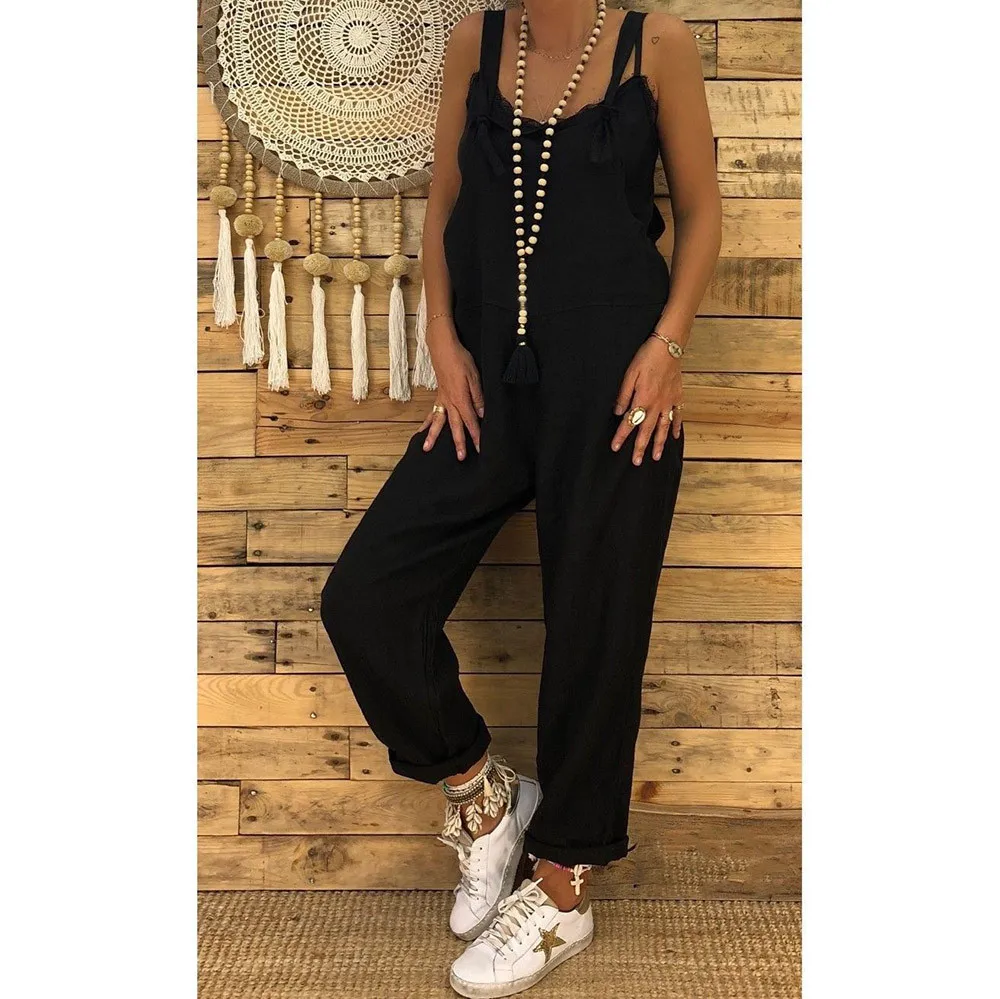 

2019 Women Casual Solid Strappy Dungarees Vintage Cotton Linen Loose Party Long Harem Overalls Rompers Jumpsuits YOUYEDIAN #3
