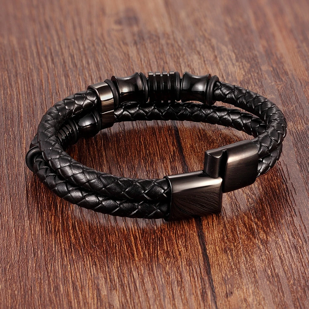 Pulsera De Cuero Negro Para Hombre - Hecha A Mano - Cuero Natural Y Genuino De Calidad - Cierre De Acero Inoxidable Pulido Plateado - Clásica, Elegante Y Moderna - (Ideal Para
