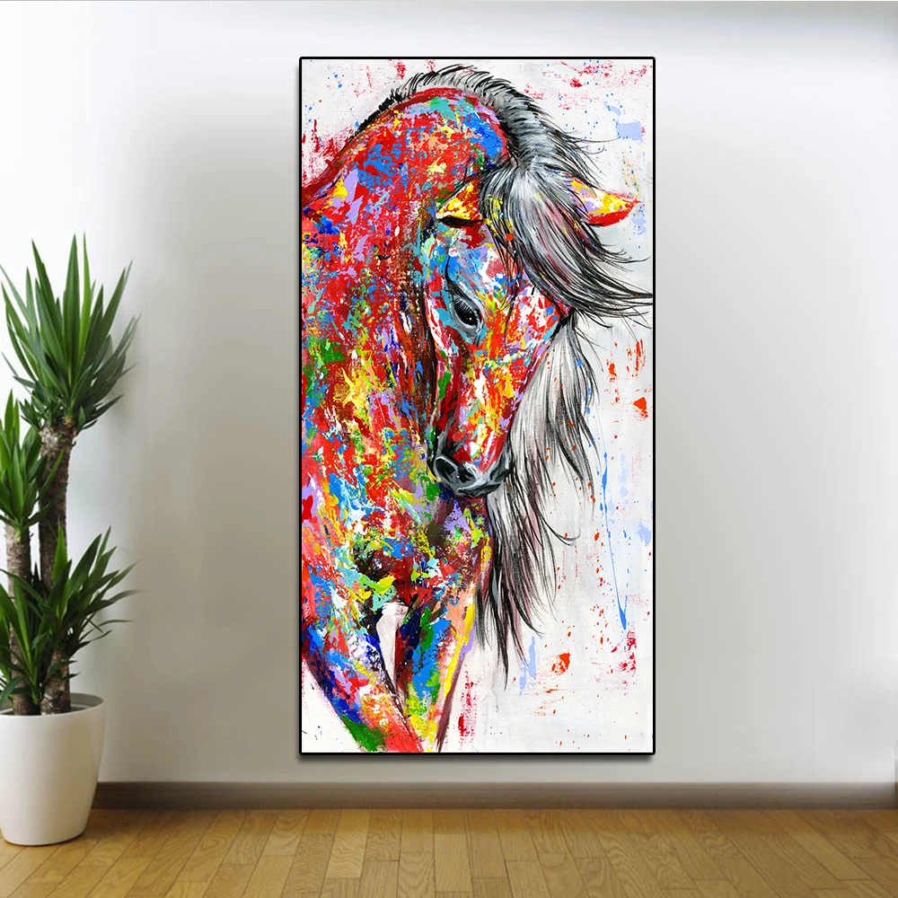 AAVV Big Large Size Oil Painting Animal Wall Art Pictures for Living Room Home Decor Canvas Painting Running Red Horse No Frame