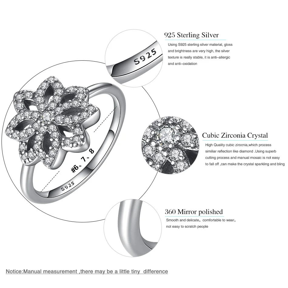 ELESHE 100% 925 Sterling Silver Snowflake Flower Finger Rings with Clear CZ for Women Wedding Anniversary Original Jewelry Gift