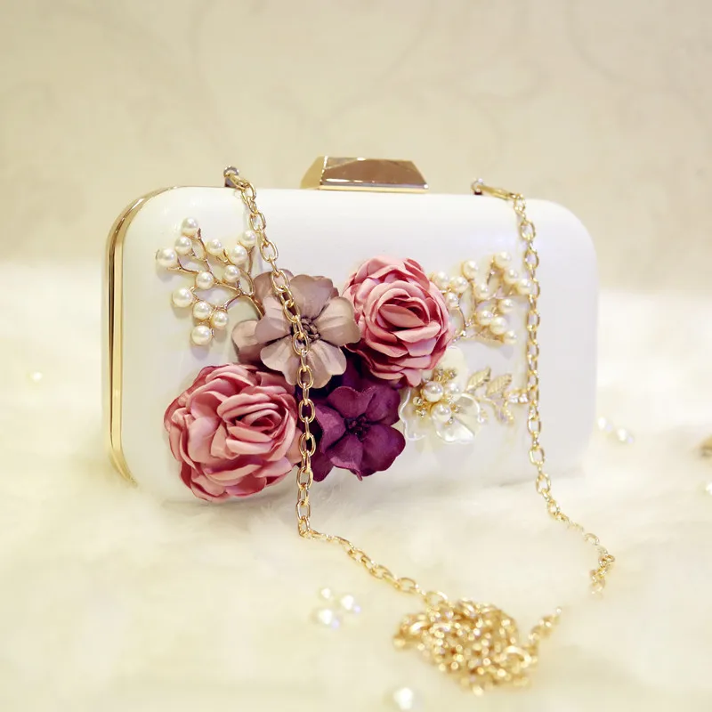 

Fashion Women Messenger Bags Leather 3D Flower Inlay Rhinestone Bead Chain Ladies Girl Clutch Shoulder Bag Wedding Party BS88
