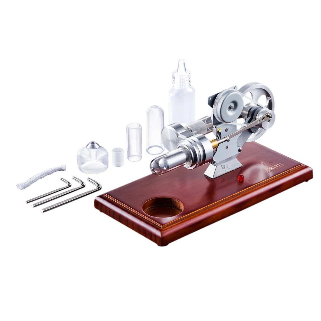 

Diy Educational Science Kits Stirling Engine with LED Light Brown Solid Wood Baseplate Stem Steam Model Early Development Toy
