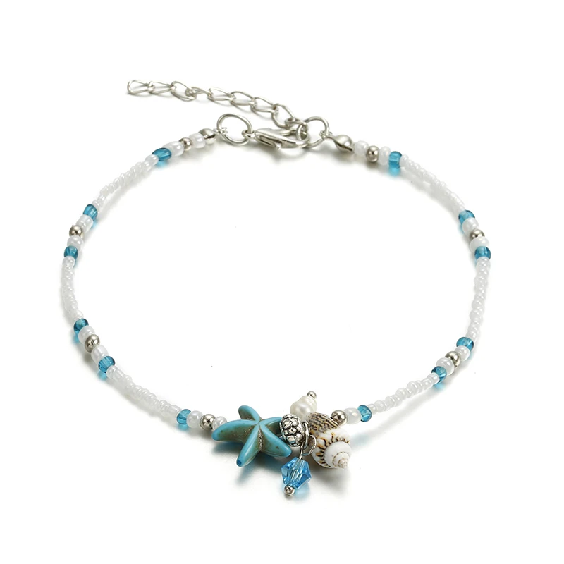 

2019 NEW Bohemian Starfish Beads Stone Anklets for Women BOHO Silver Color Chain Bracelet on Leg Beach Ankle Jewelry Gifts