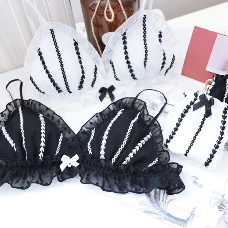 

SP&CITY Sweet Sexy Lace Bow Bra Sets Embroidered Striped Ruffle Bralette Thin Hollow Out Lingerie Wire Free Underwear Princess