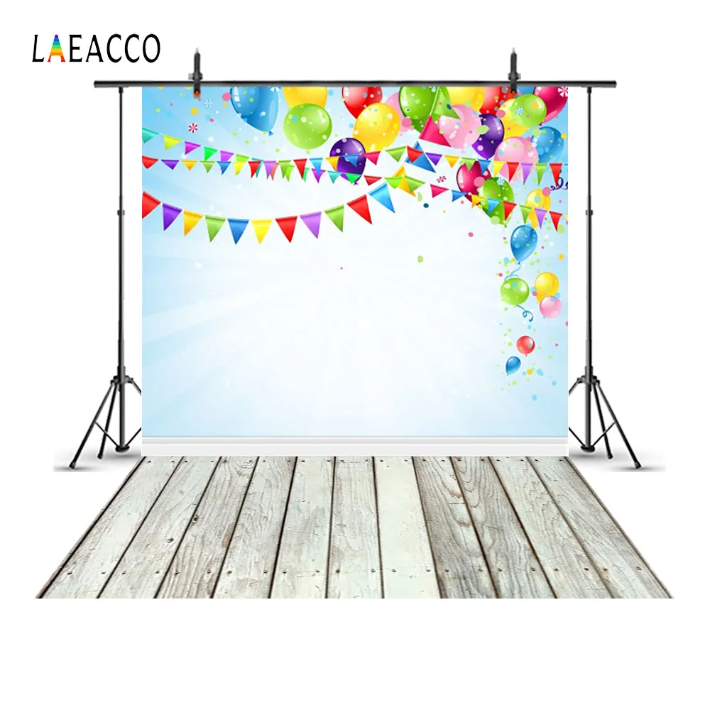 

Laeacco Balloons Flags Wooden Floor Birthday Baby Photography Backgrounds Customized Photographic Backdrops For Photo Studio
