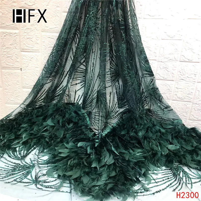 HFX Beautiful Feather Nigerian Lace French Net Sequin Lace Fabric For Nigerian Wedding Embroidery African Lace Fabric F2300