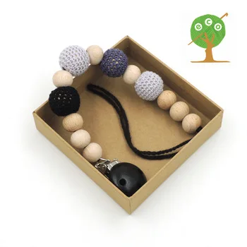 Cool black grey white color crochet beads  new born Baby boy gift Pacifier Clip Dummy Holder Natural BEECH beads NT157