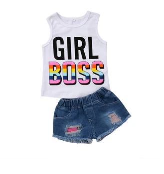 

Summer Newborn Baby Kid Girl Sleeveless Vest T-shirt Tops+Denim Shorts Ripped Bottom Jeans 2Pcs Outfits Clothes Set