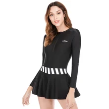 New Tummy Control Swim Dress One Piece Swimsuit Women Rashguard Long Sleeve Swimwear UPF50+ Surf Rash Guard Bathing Suit Black