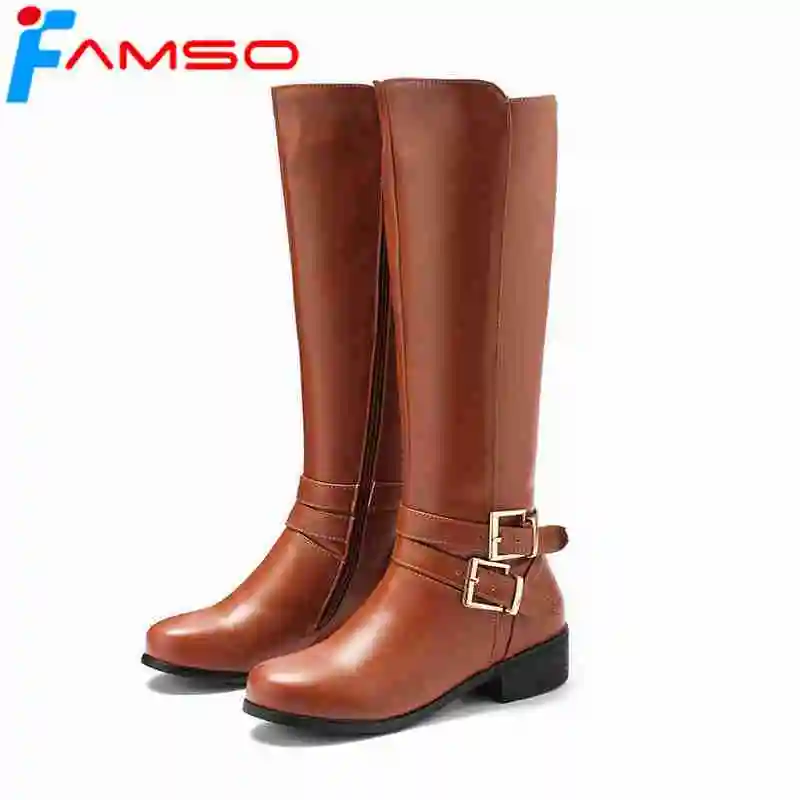 

FAMSO 2019 Big Size34-43 Women Boots Autumn Sexy Buckle Knee High High Boots Russia Winter Full Fur Keep Warm Snow Boots Heels