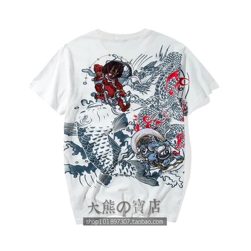 Японский ретро вышивка Prajna тату короткий рукав Футболка мужские летние брендовые футболки мужские свободные топы универсальные блузки мужские - Цвет: Белый