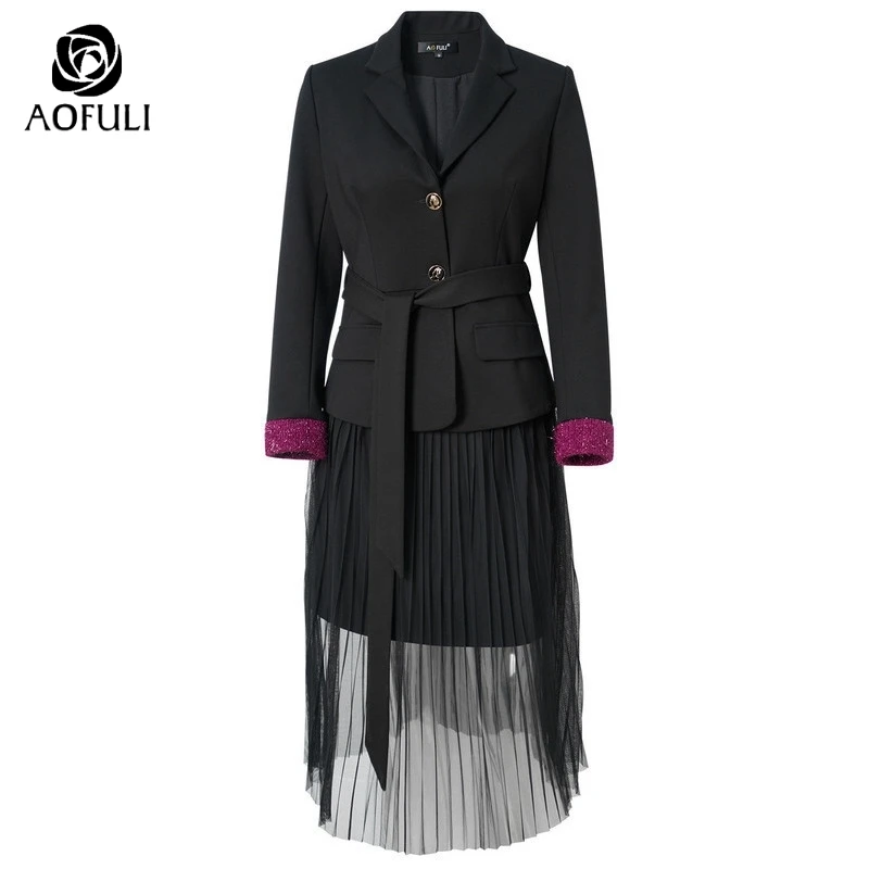 Женский блейзер AOFULI L ~ 3XL 4XL 5XL комплект из двух предметов с юбкой черный костюм