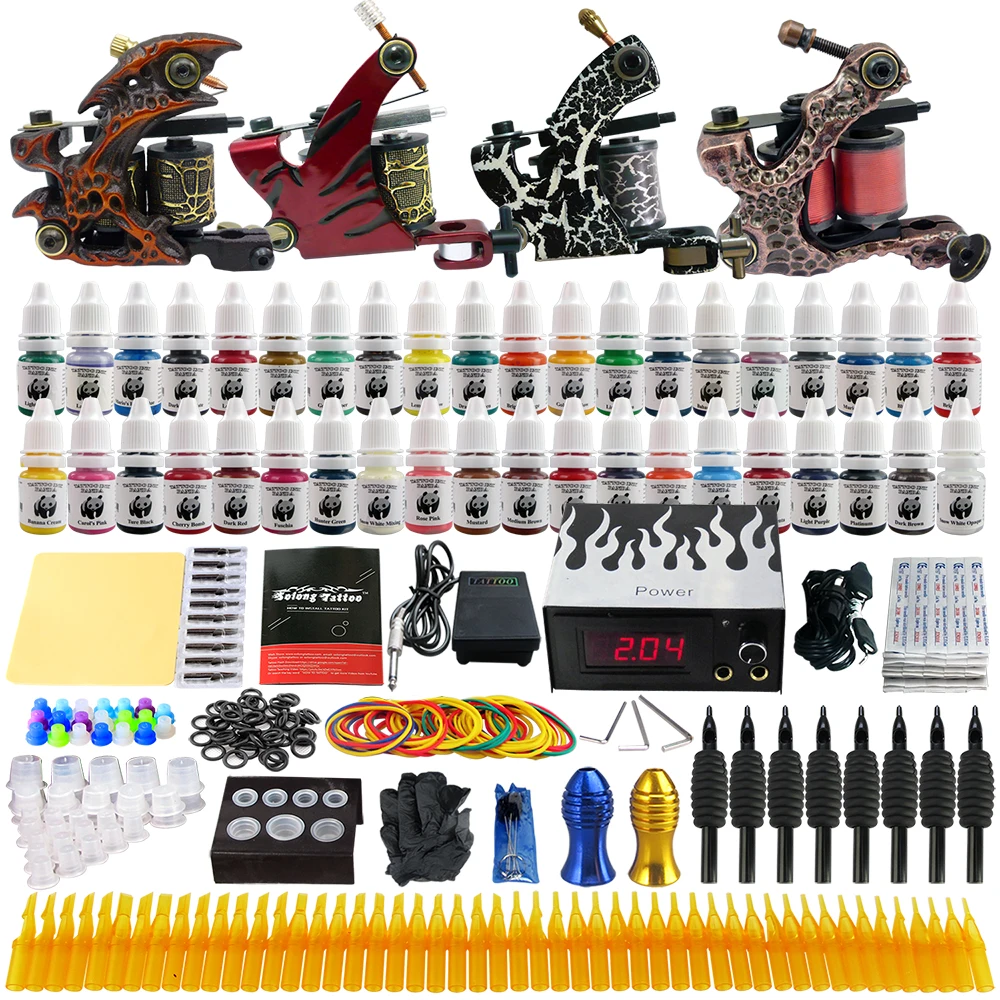 

Solong Tattoo Complete Tattoo Machine Kit LCD Power Supply 40 Colors Ink Neeldes Gloves Tips TK455