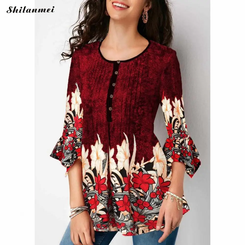 

Women Blouse Vintage Floral Printed Women Clothing 5XL Causal Loose Tunic Female Blouse Shirts 2019 Fashion 3/4 Sleeve Plus Size