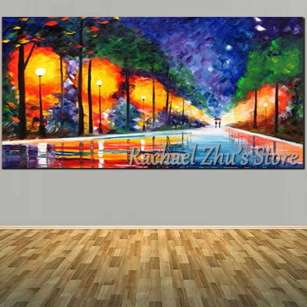 

Hand Painted Abstract Art Palette Knife Lamp Oil Painting On Canvas Lovers Rainy Night Wall Picures Living Room Home Wall Decor