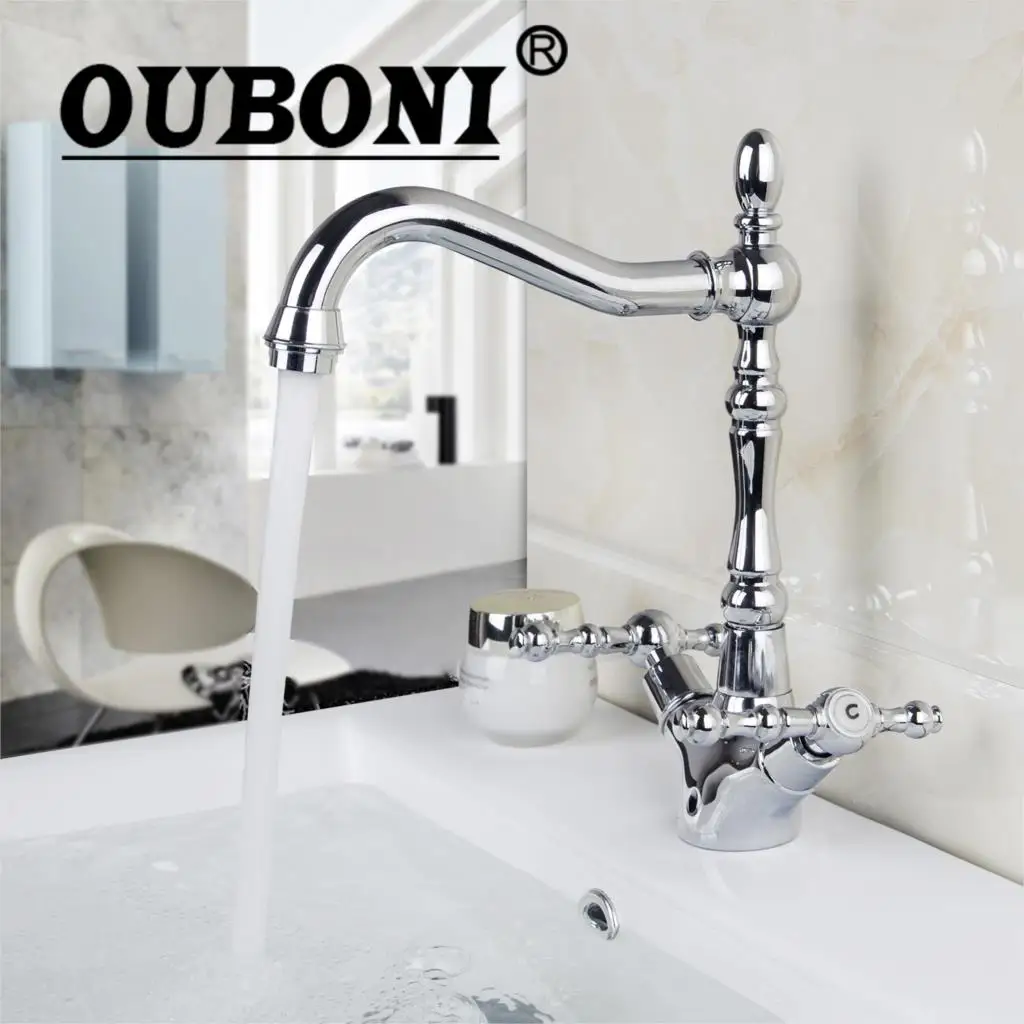 OUBONI Double Handle Chrome Brass Swivel Kitchen Faucet 360 degree