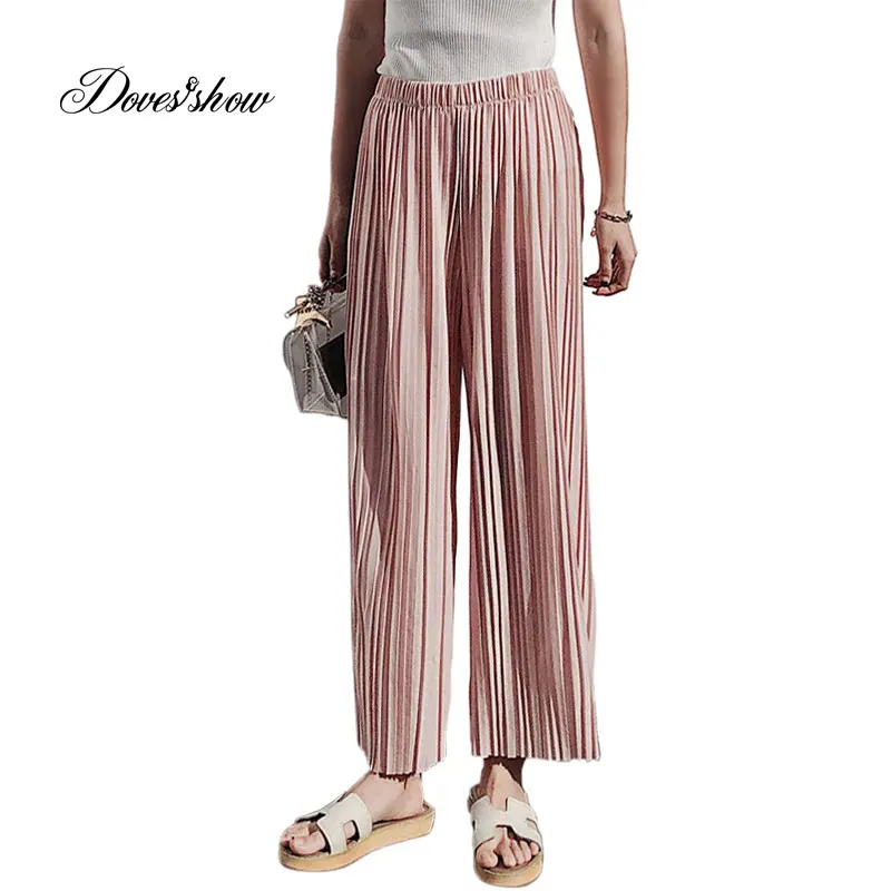 

2018 Spring Summer New High Waist Pleated Chiffon Wide Leg Pants Elastic Casual Loose Pants Thin Cropped Trousers Women 7 colors