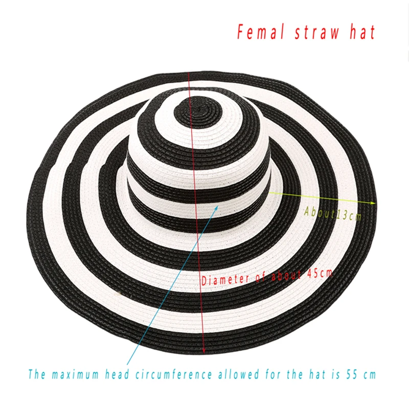 Широкая большая пляжная шляпа с широкими полями, складывающаяся черно-белая полосатая шляпа для женщин, ретро, отдых, тур, шляпа, летняя пляжная широкая шапка