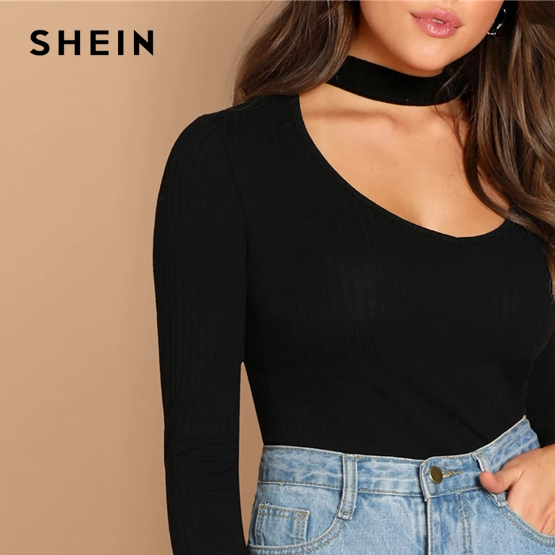 SHEIN Highstreet, черный вязаный пуловер с v-образным вырезом, простая футболка с длинным рукавом, осень, повседневная женская Современная футболка, топ