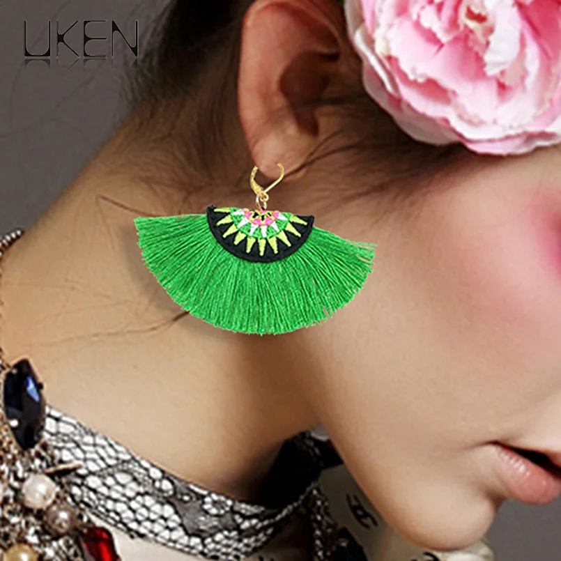 

UKEN Embroidery Ethnic Earrings With Tassel Bohemia Wide Fringe Dangle Earrings Green Pink Black Color Choic Handmade Earring