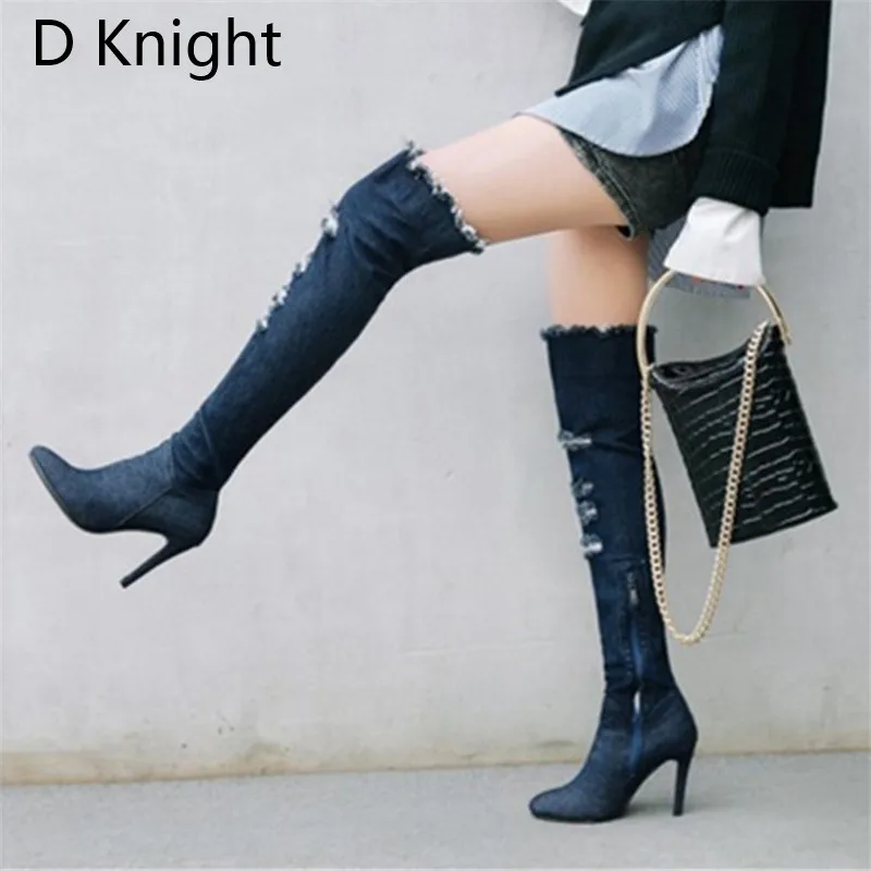 2018 Winter Boots Sexy Ponited Toe Women's Over The Knee Boots Fashion Denim Blue thigh High Boots Large Size 48 High Heels Boot (8)