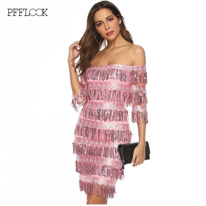 

PFFLOOK Womens Sexy Elegant Dress Slash Neck Half Sleeve Tassel Mini Sequin Dresses Nightclub Wear Female Party Dress Vestido