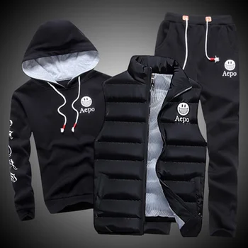 

2019 Fashion Winter Sporting Suit Men Set Hoodie+Vest+Pants Sportswear 3 Piece Sweatshirt Coat Tracksuit S Clothes