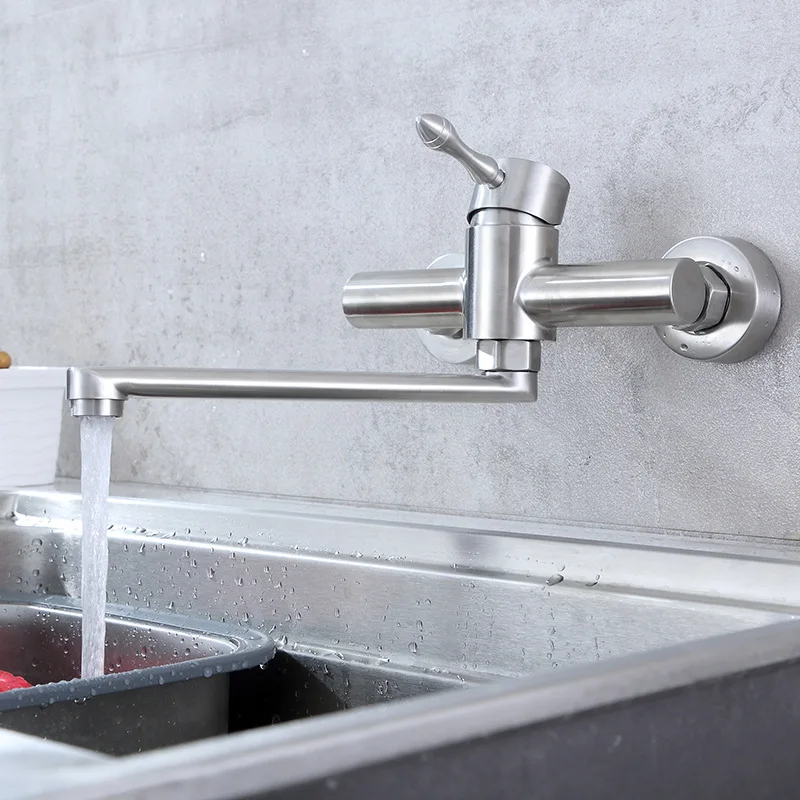 

Kitchen Faucets 360 Degree Rotation Single Handle Cold And Hot Water Tap 304 Stainless Steel Brushed Wall Mounted YD-685
