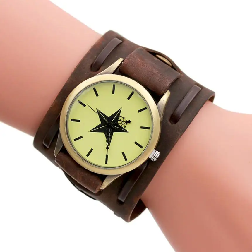 

Star pattern design Men watches Military Sports bracelet Quartz Wristwatch Leather Strap Braided winding Rivet Bracelet Watch