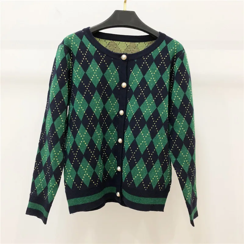 

High Quality 30% Wool Sweater for Women Runway Designer O Neck Green square Plaid Pearl Buttons Knitted Cardigans