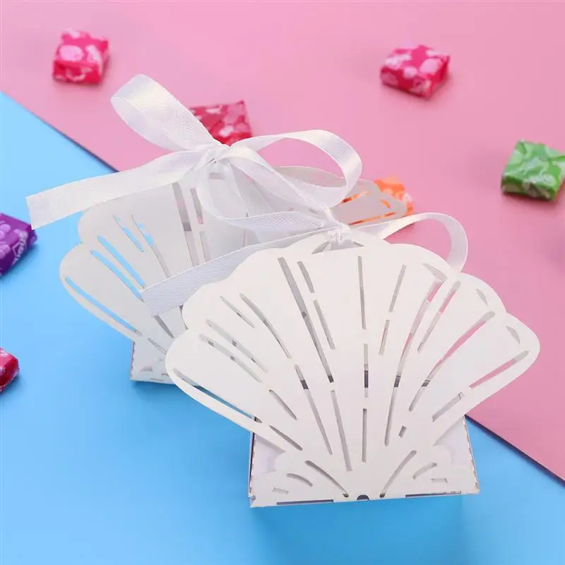 

50pcs Laser Cut Sea Shells Beach Themed Wedding Birthday Party Favor Candy Gift Boxes Bomboniere Gags (White)