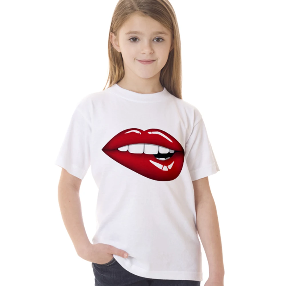 

sexy t-shirt for teen girls red lips funny tops tshirt kids summer style design t shirt teeth bite lips children girl clothes