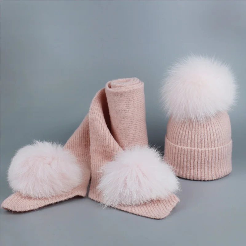 Зимняя Модная вязаная шапка и шарф наборы для женщин шапки с большим натуральным лисьим мехом помпон Флисовая Балаклава Топ Bone Gorro - Цвет: Pink 3 Balls