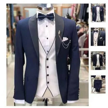 

Navy Blue Groom Wear Tuxedos 3 Pieces Wedding Suits Groomsmen(Jacket+Pants+Vest) Formal Business Suit for Men Custom Made