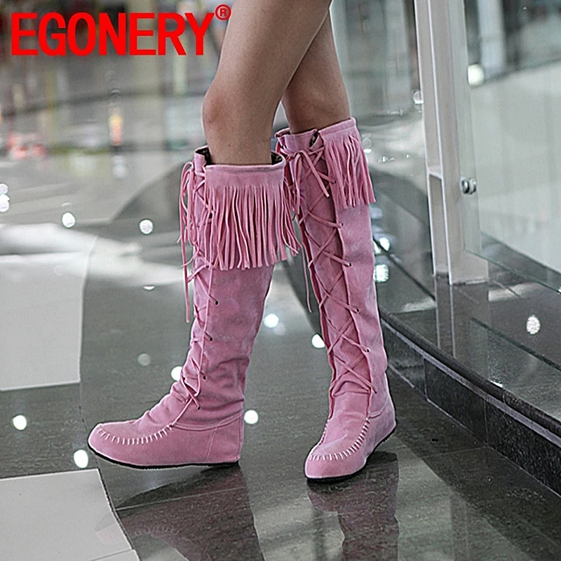EGONERY/зимние сапоги до колена; женская обувь с круглым носком и перекрестной шнуровкой; зимние модные женские сапоги; 4 цвета; цвет черный, розовый, коричневый