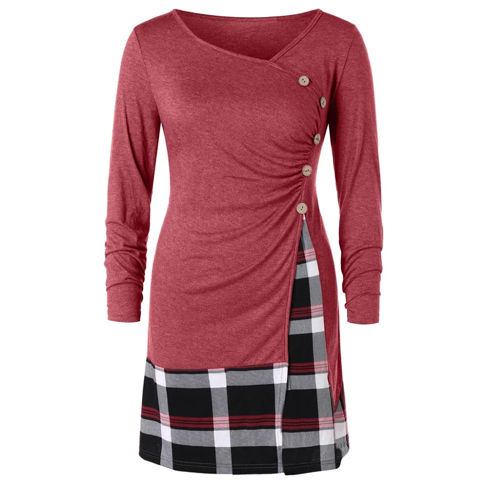 Новая модная горячая распродажа Женские повседневные топы с длинным рукавом размера плюс XL-5XL клетчатые Лоскутные рубашки пуловеры с v-образным вырезом женские футболки