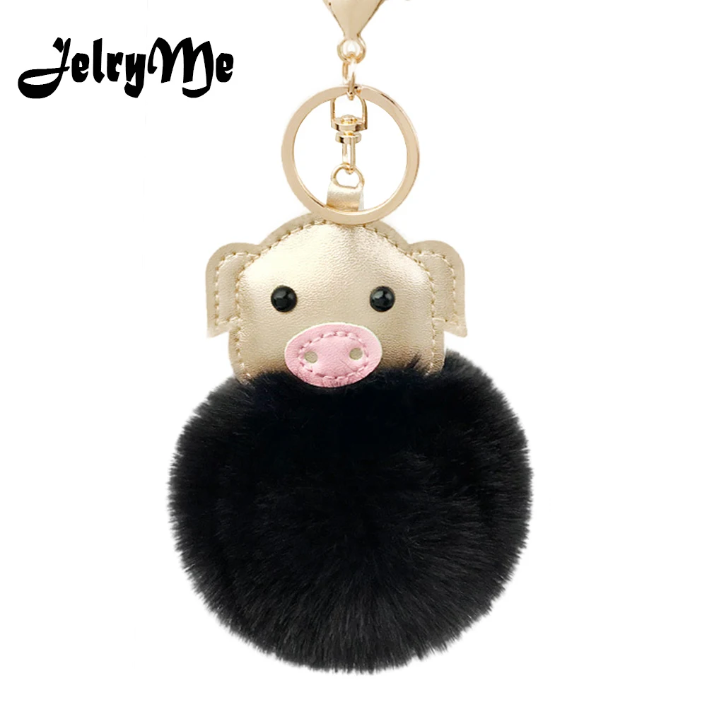 

Charms Pig Keychain Pom Pom Faux Rabbit Fur Ball Golden Leather Piggy Key Chains For Women Girl Handbag Pendant Car Keyring Gift