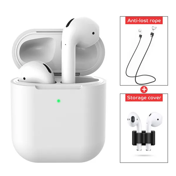 3 IN 1 Soft Liquid Silicone Wireless Earphone Case For Airpods 2 Apple Shell Accessories Cover Pouch Holder Anti-lost Strap - Цвет: white