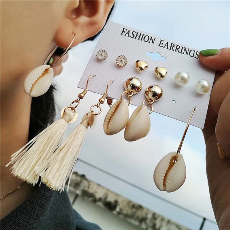 6-piece Set Design Bohemian Wind Natural Shell Earrings Ear Paired wWth Girl 2019 Fashion Female Jewelry Gifts | Украшения и