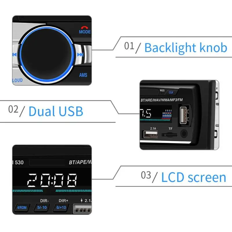 1Din SWM мотор 530 ЖК-дисплей BT музыкальный плеер автомобильное зарядное устройство стерео MP3 аудио плеер FM радио U диск AUX w/TF слот для карт памяти RCA 2USB зарядки телефона