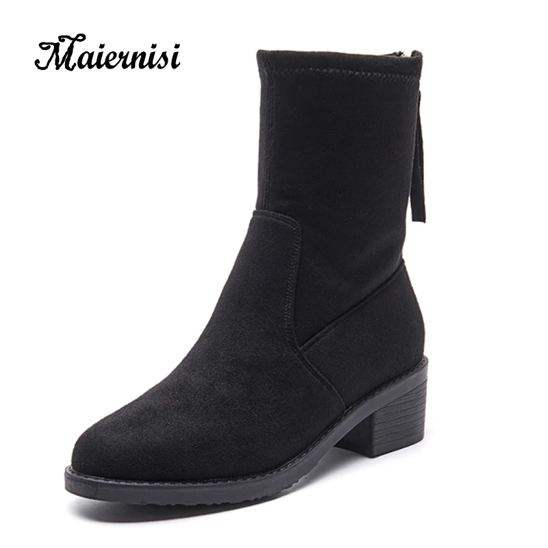 

MAIERNISI Simple Female Boots Fashion Women Shoes Thick High Heels Flock Sexy Boots Winter Warm Pumps Zipper