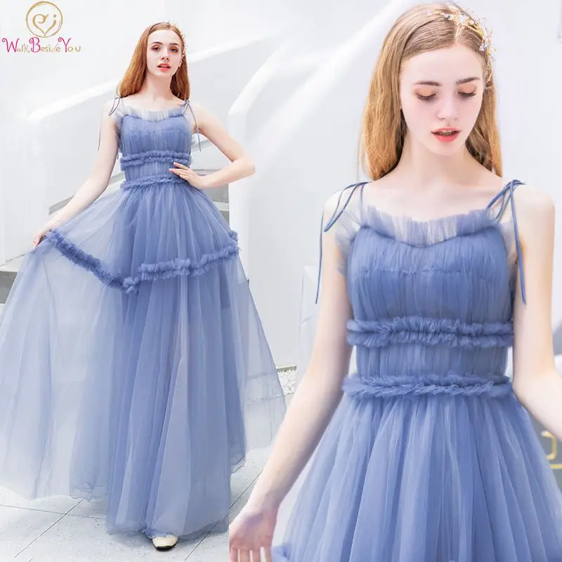 

Blue Prom Dresses Elegant 2019 Long vestidos graduacion mujer Tulle Spaghetti Straps V Neck Ruffle Evening Gowns Walk Beside You