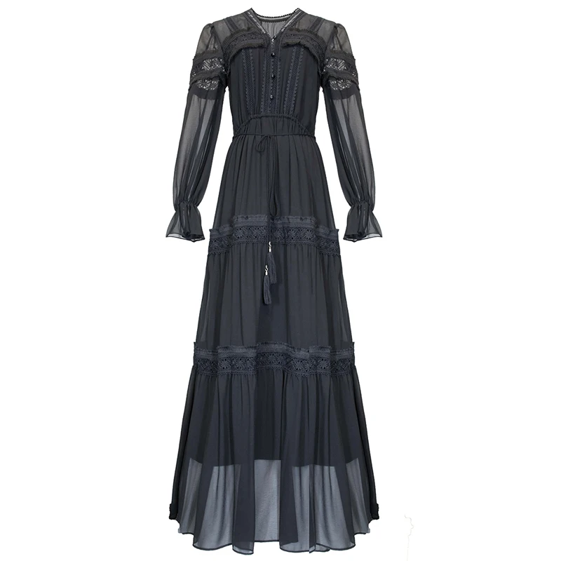 white  black lace overlay button down deep v neck tassel drawstring belt long sleeve floor length boho dress maxi dress women