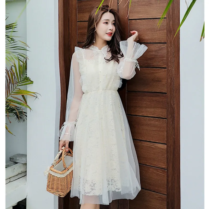 

CWBshowGG 2019 spring gentle small fragrance fairy perspective mesh waist single-breasted long flare sleeve mesh lace midi dress