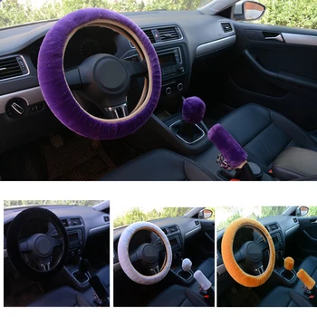 

3Pcs Plush steering wheel cover car universal steering wheel cover winter artificial fur handmade car interior hand brake cover