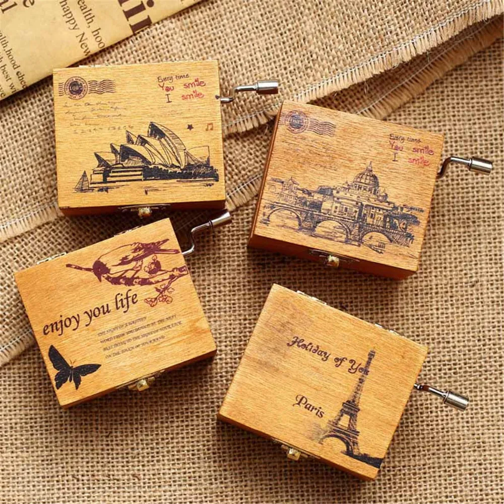 

Mechanical Musical Box With Hole Puncher Wooden Vintage Decor Castle In The Sky Music Boxes For Gift Home Decoration Accessories